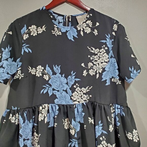 Asos Women's Black Blue Floral Short-Sleeved Peplum Top Blouse Ruffles Sz 4 - Picture 7 of 12